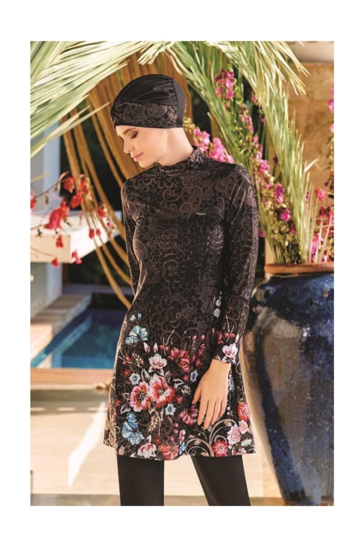 Kadın Desenli Likralı Tam Kapalı Tesettür Mayo