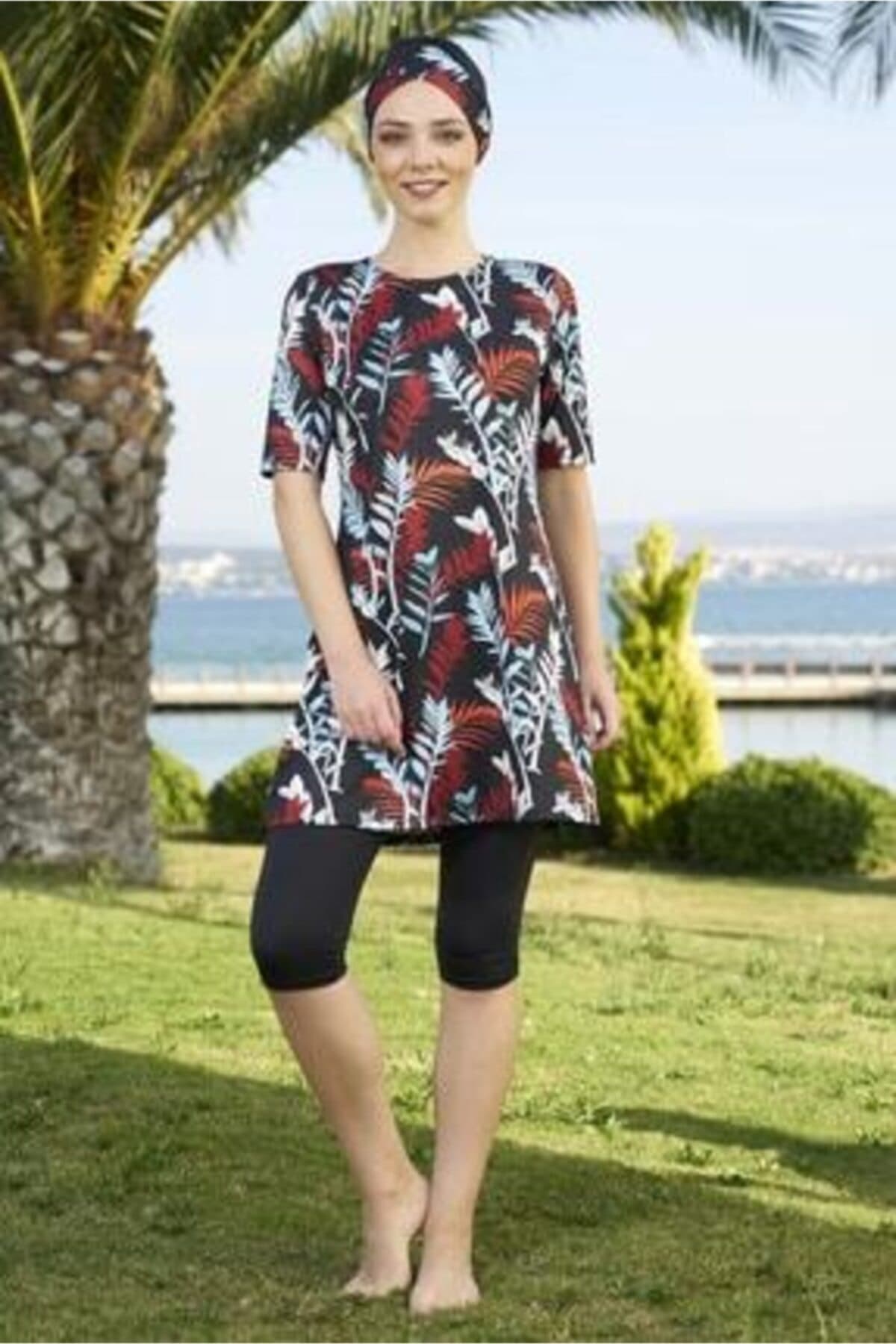 Desenli Siyah Büyük Beden Yarım Kol Havuz Mayo