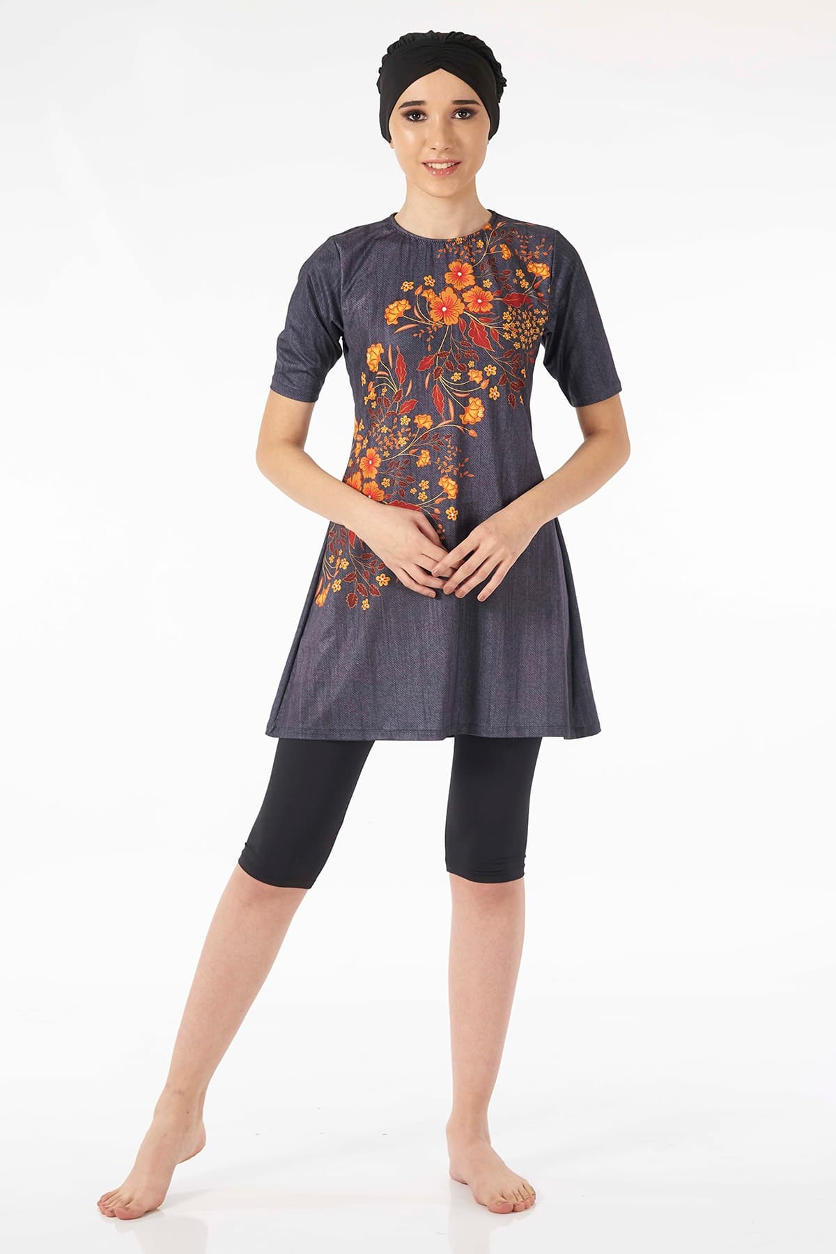 Kadın Gri Çiçekli Antrasit Yarım Kol Havuz Mayo 2062