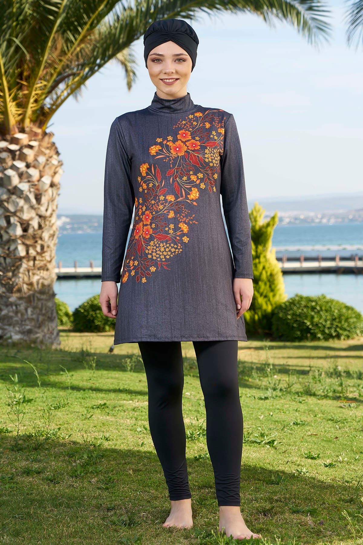 Çiçekli Antrasit Tam Kapalı Tesettür Mayo